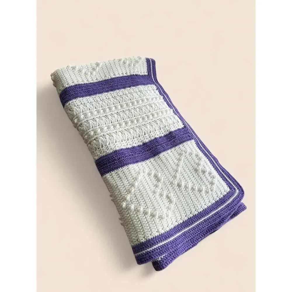 Large Vintage Handmade Crochet Heart Afghan Blanket – White & Lavender